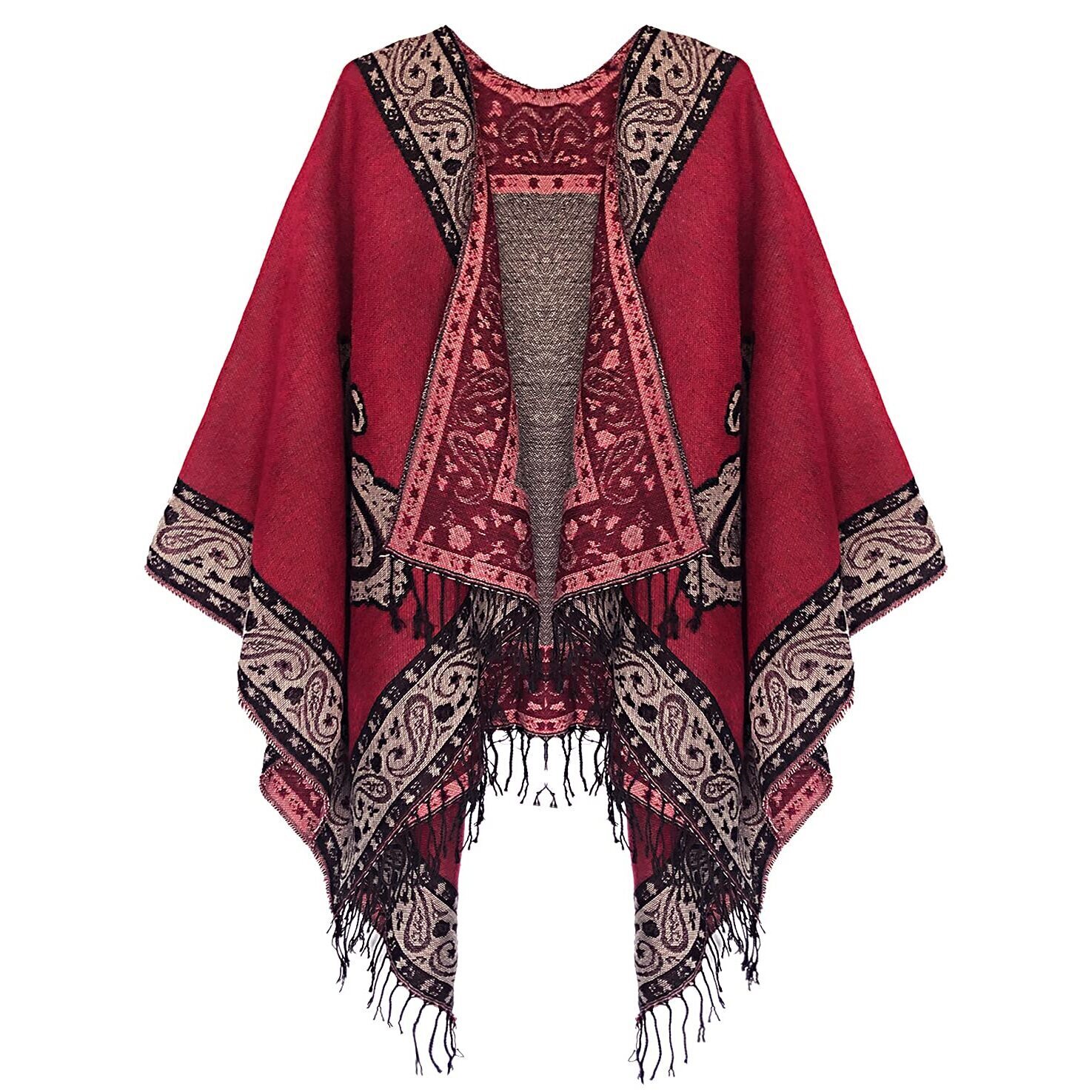 4524 Women's Fashionable Retro Style Vintage Pattern Tassel Poncho Shawl